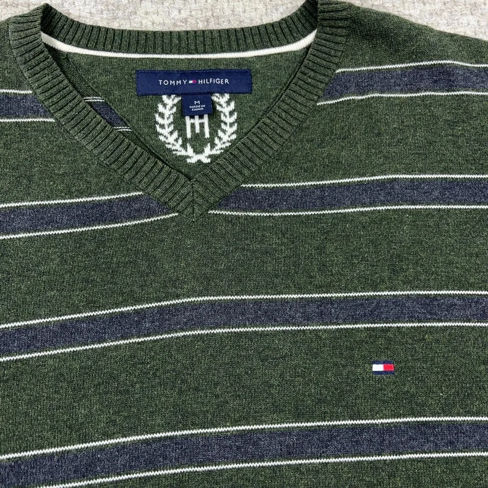 Tommy‎ Hilfiger Sweater Men Medium Olive Green Striped V Neck Lightweight Golf